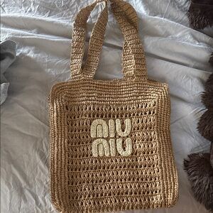 Natural Tan Crochet Tote with Cream Logo